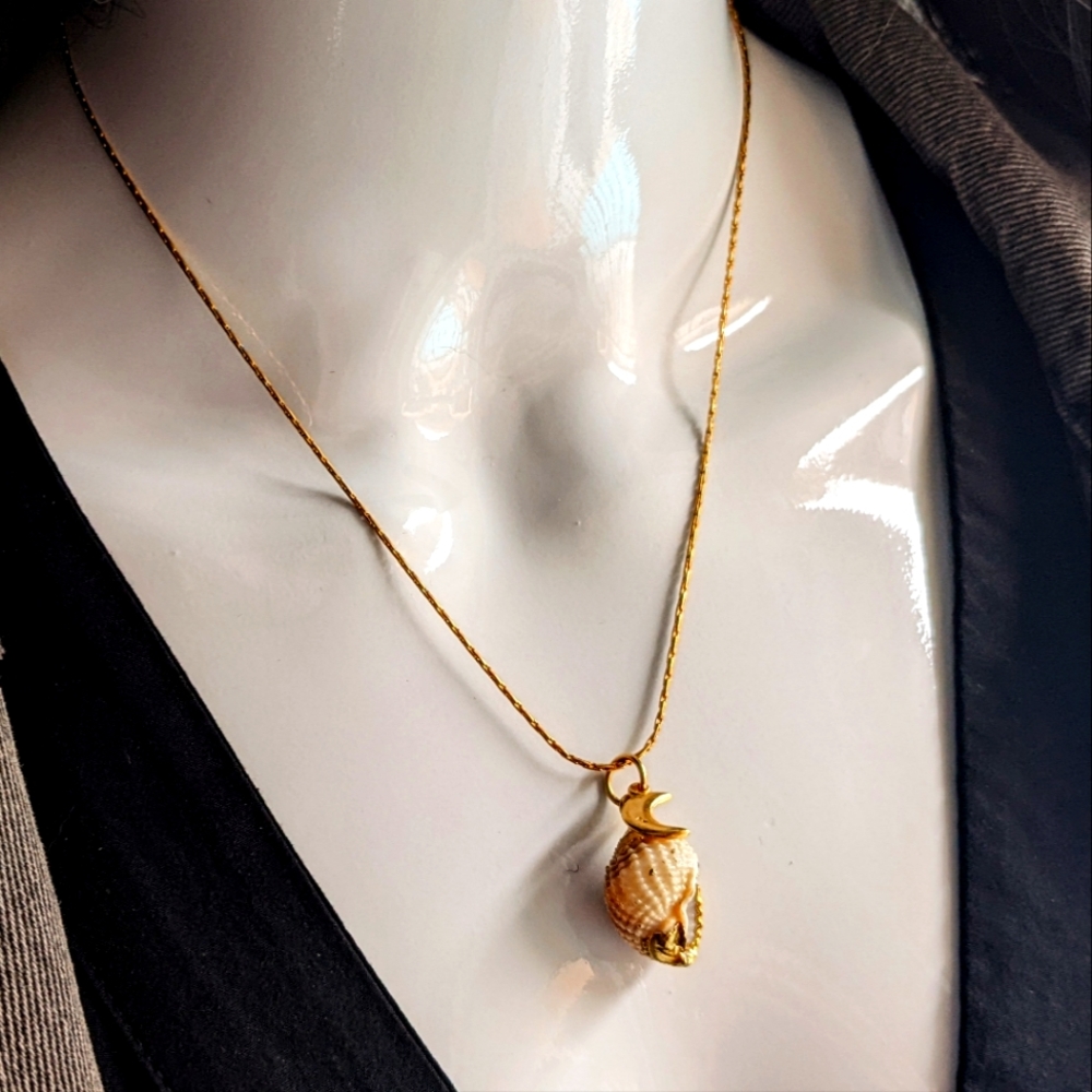 Gold Crescent Moon Seashell Charm Necklace